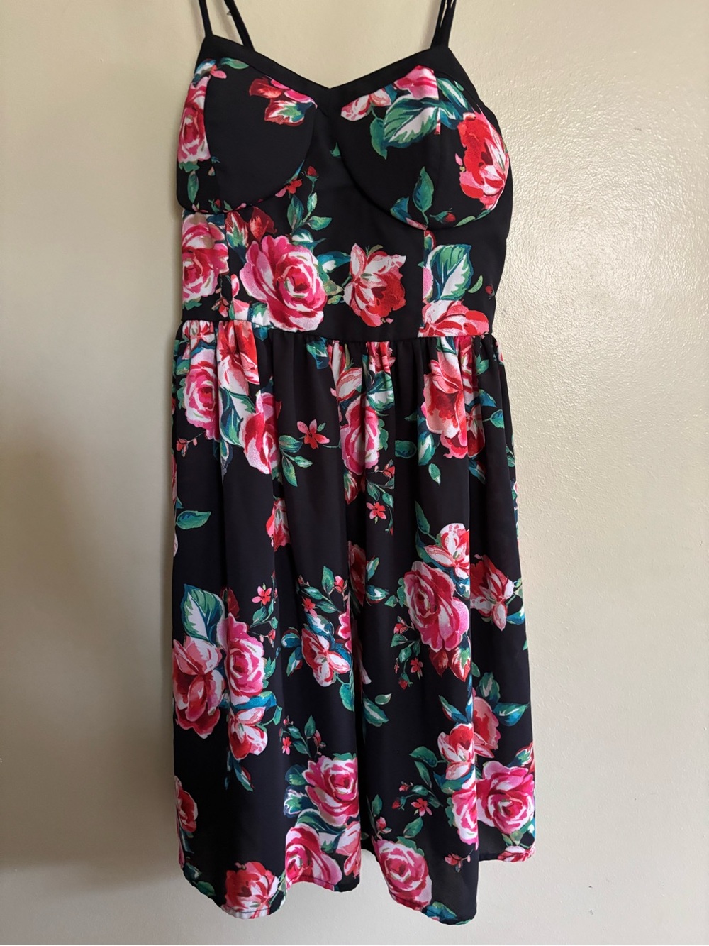 Black Floral Spaghetti Strap Dress with Pink Rose Print